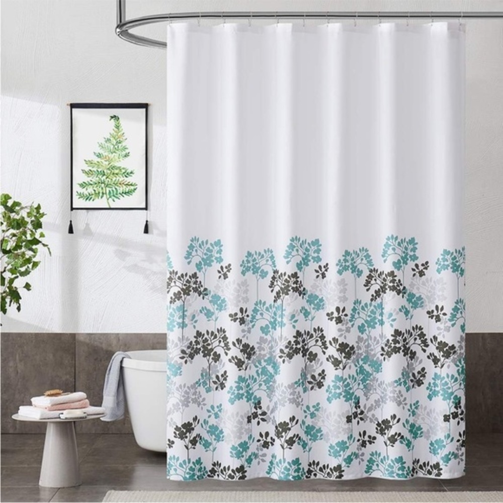 Teal Grey Floral Shower Curtain 70x72 – Water Resistant – New